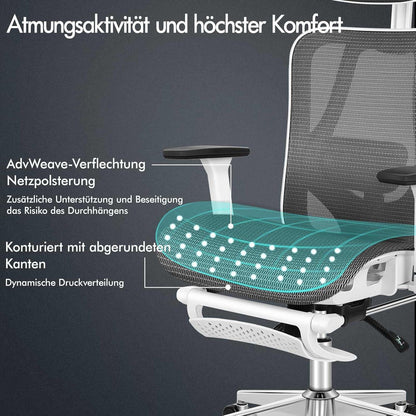Bürostuhl Ergonomisch Schwarz Weiß Lordosenstütze Kopfstütze Armlehne