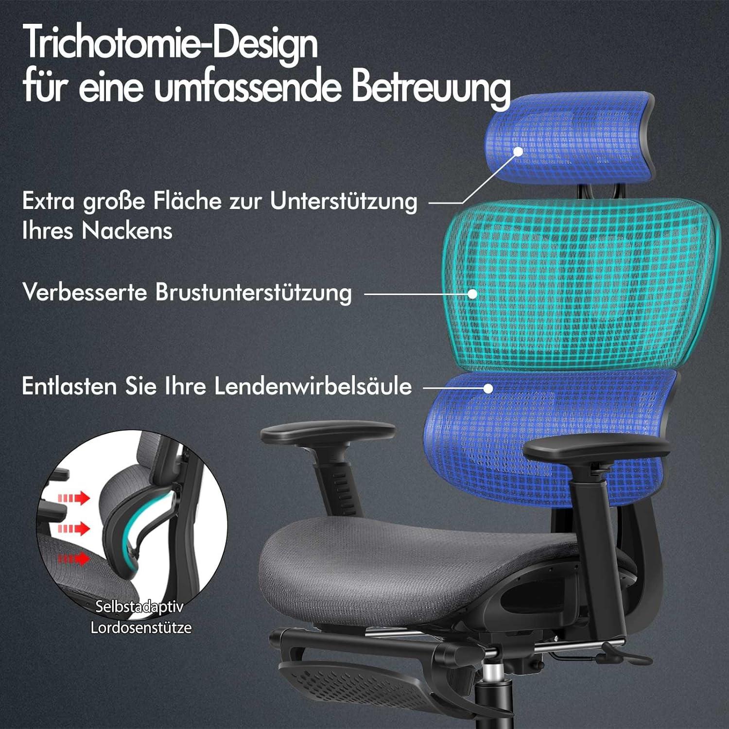 Ergonomischer Bürostuhl mit Lordosenstütze und Kopfstütze