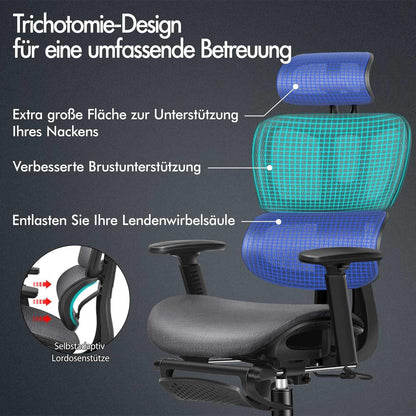 Ergonomischer Bürostuhl mit Kopfstütze und Wippfunktion, bis 180 kg