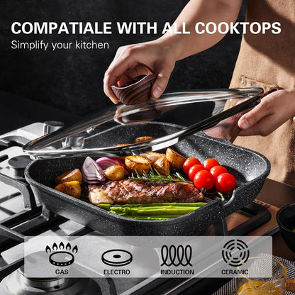 Antihaft-Grillpfanne mit Deckel 24 cm für Induktion Granitbeschichtung