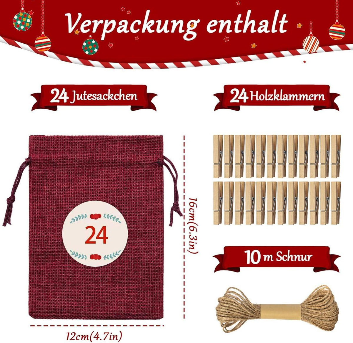 Adventskalender zum Befüllen Stoff 24 Weihnachtsaufkleber & Klammern