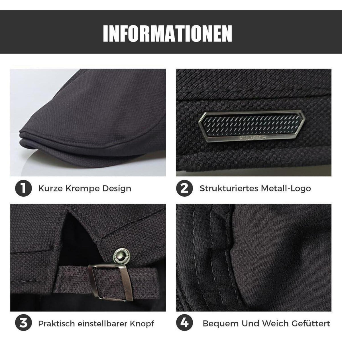 Herren Schiebermütze mit Futter – Gatsby Flatcap Newsboy Cap Schwarz