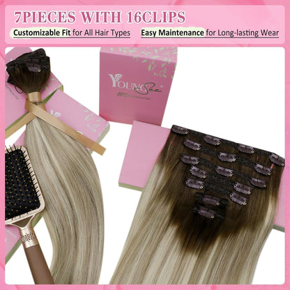 Clip-in Echthaar Extensions Dunkelbraun Ombre Blond 50cm