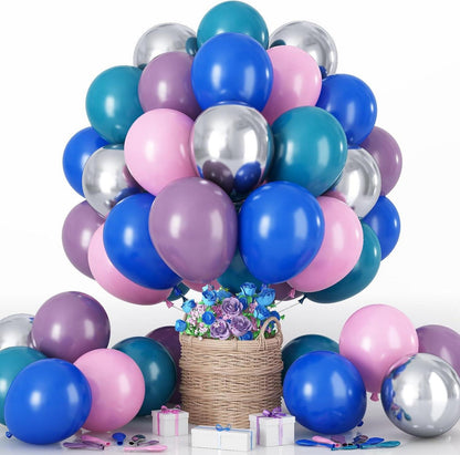 60x Retro Luftballons Set Blau Lila Pink Metallic Silber 12 Zoll
