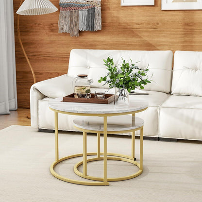 Runder Couchtisch 2er-Set Holz Stauraum goldfarbener Metallrahmen