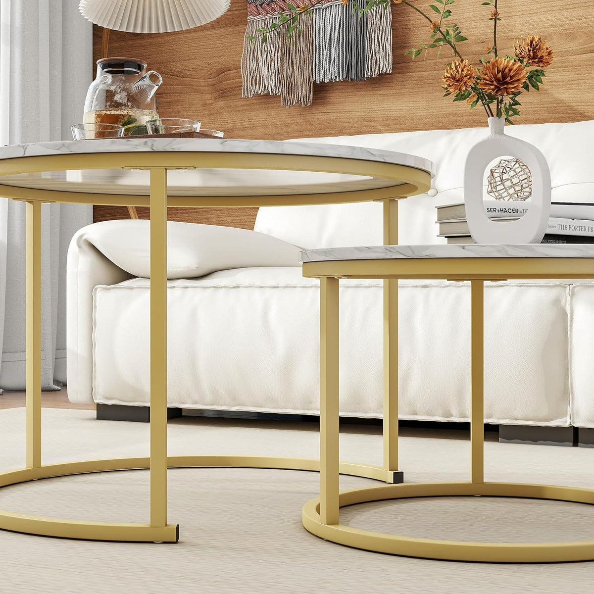 Runder Couchtisch 2er-Set Holz Stauraum Metallrahmen