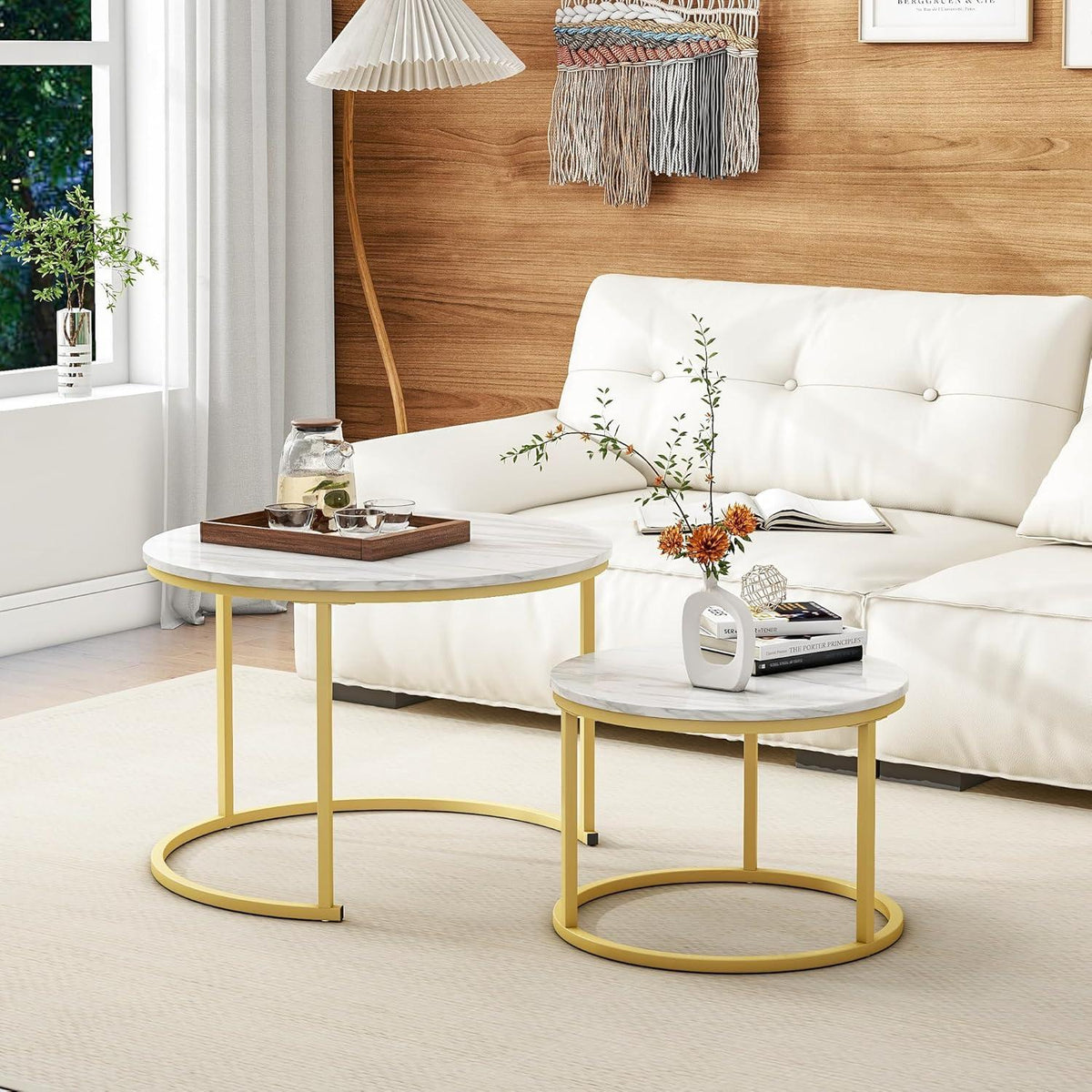 HOJINLINERO Runder Couchtisch 2er-Set Holz Stauraum goldfarben Metall