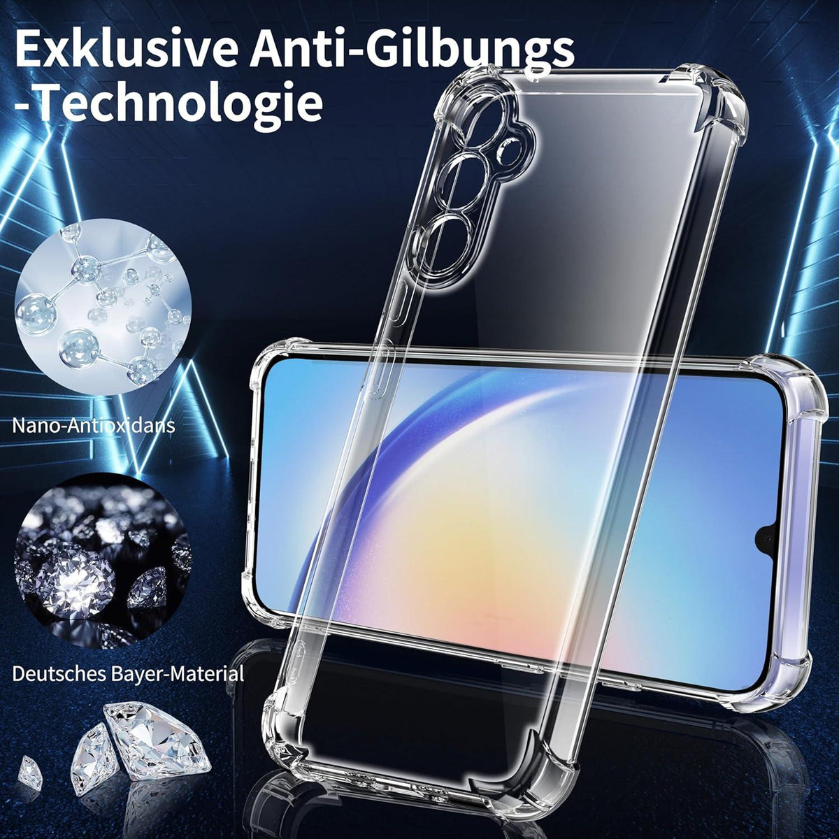 Tentoki 3-in-1 Panzerglas Hülle für Samsung Galaxy A34 5G Stoßfest Transparent