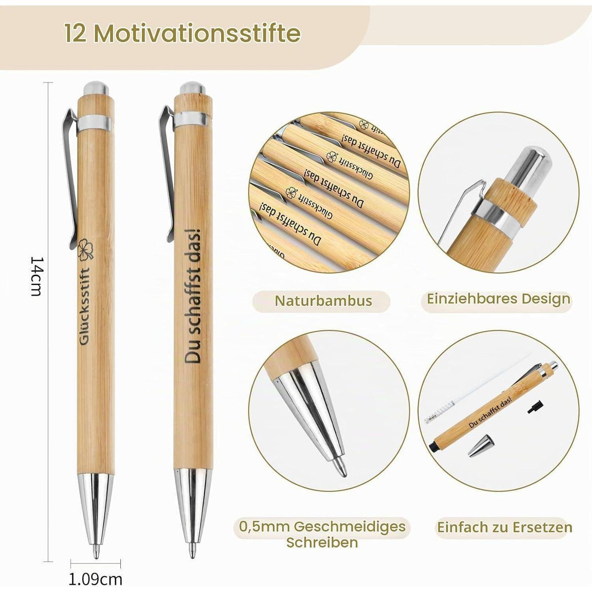 12 Holz Kugelschreiber mit Motivationssprüchen – Geschenkset