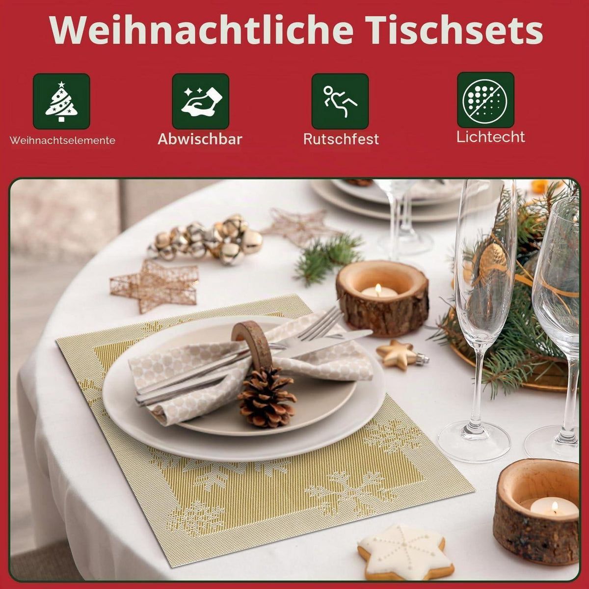 Platzsets Weihnachten 6er Set Gold abwaschbar & hitzebeständig