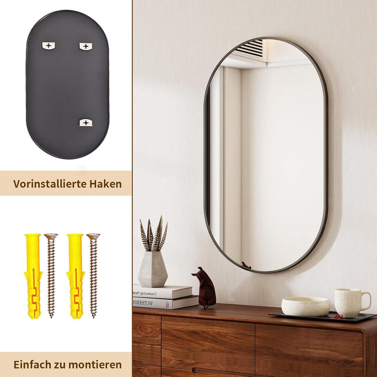 Ovaler Wandspiegel 30x60cm – Gehärtetes Glas, Schwarz