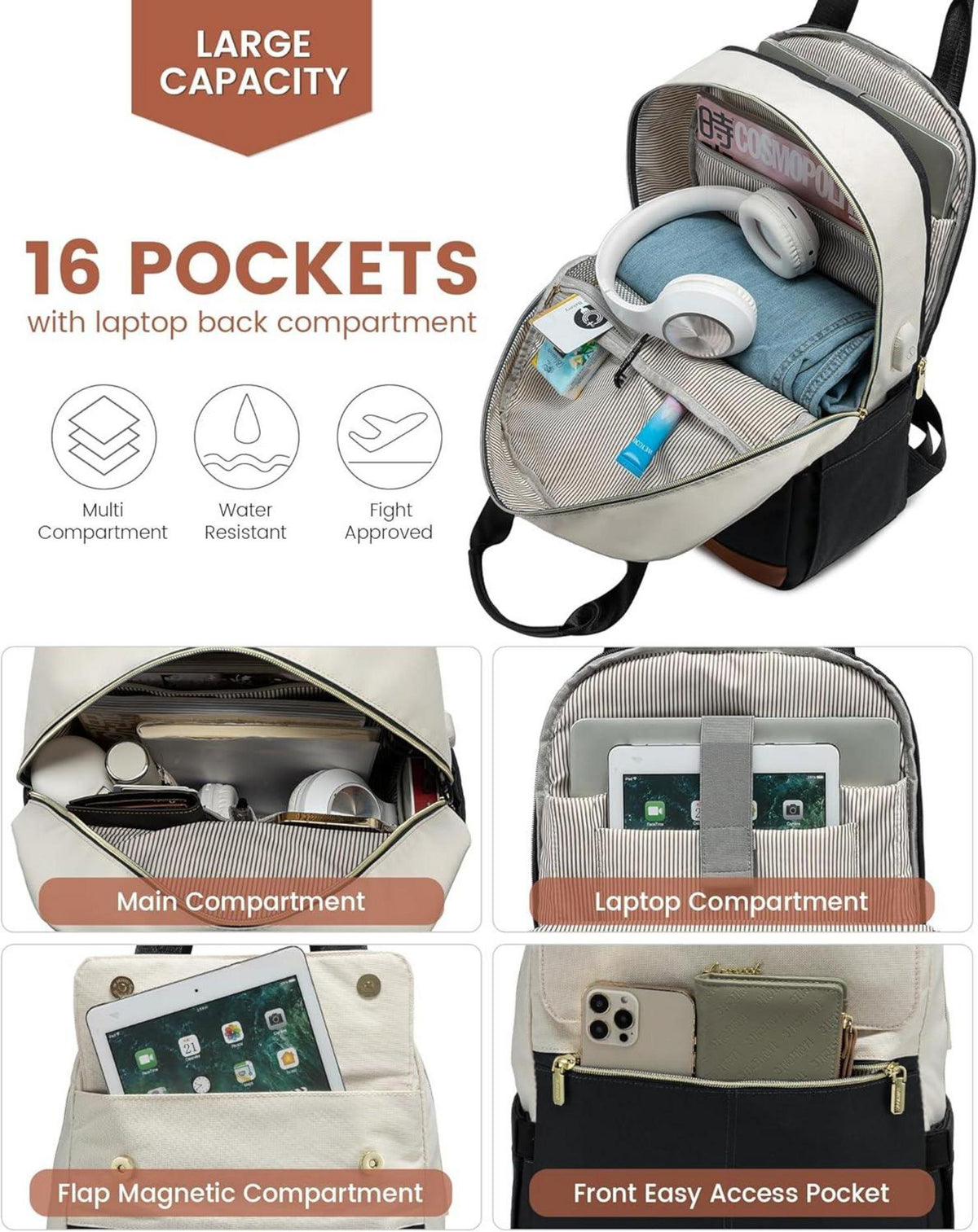 Großer Damen Rucksack mit Laptopfach und USB-Ladeanschluss