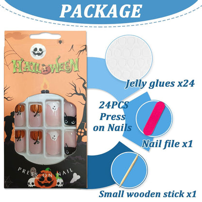 Halloween Acrylnägel Press on Nails Geister Kürbis Rosa Nude