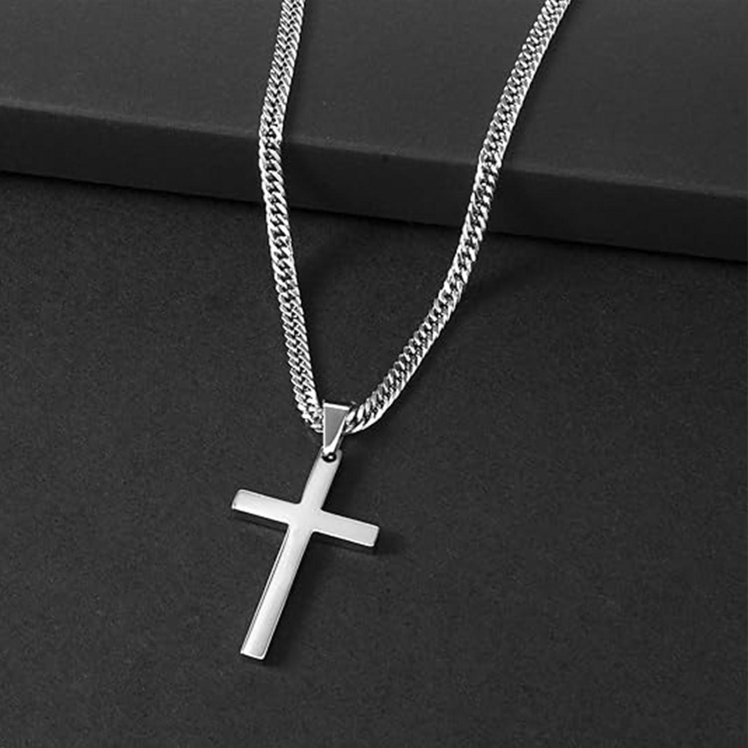 Kreuz Kette Herren Edelstahl Silber Anhänger Halskette 28*15mm 55cm