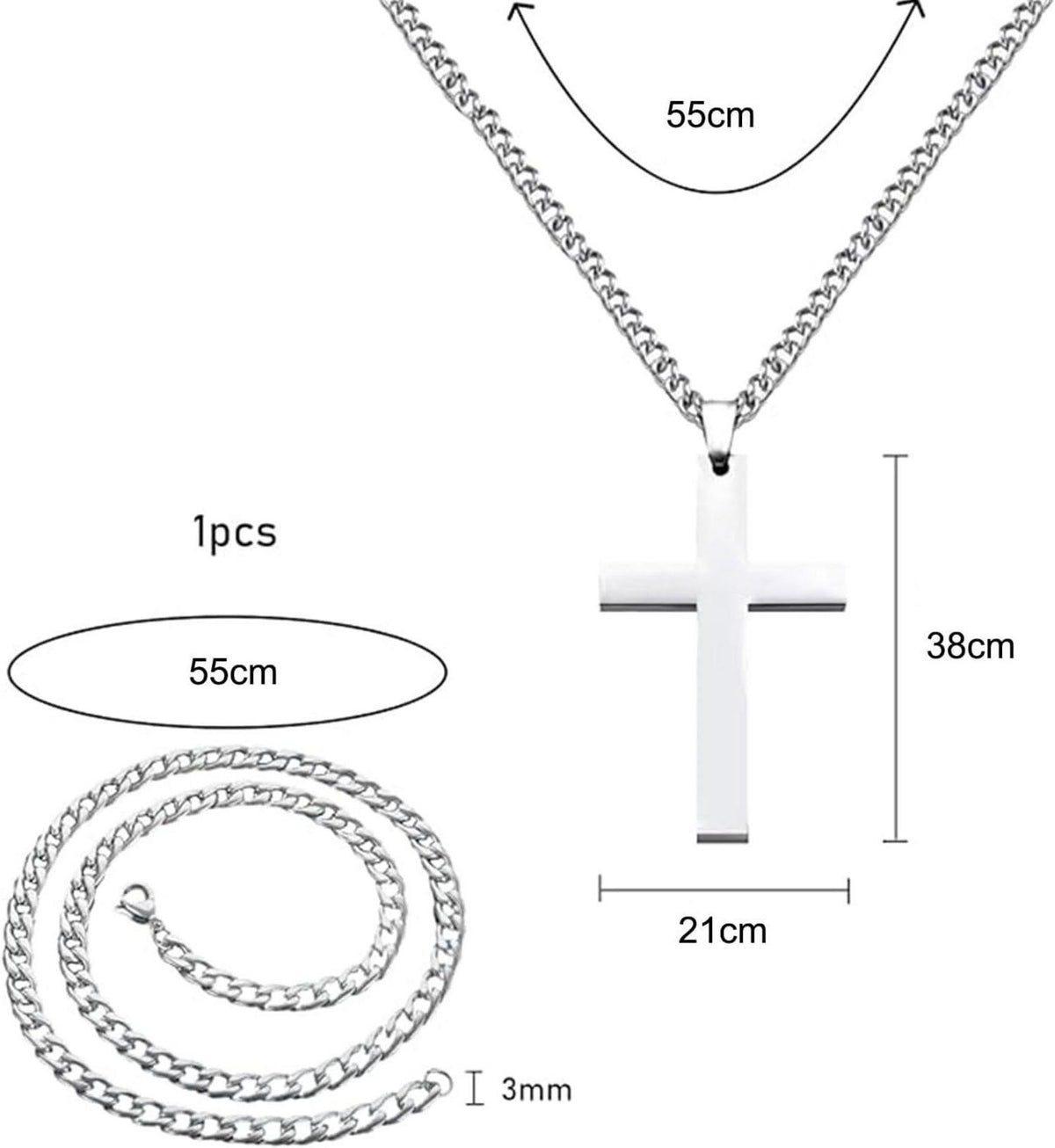 Herren Kreuzkette Silber Edelstahl Anhänger Halskette 55cm