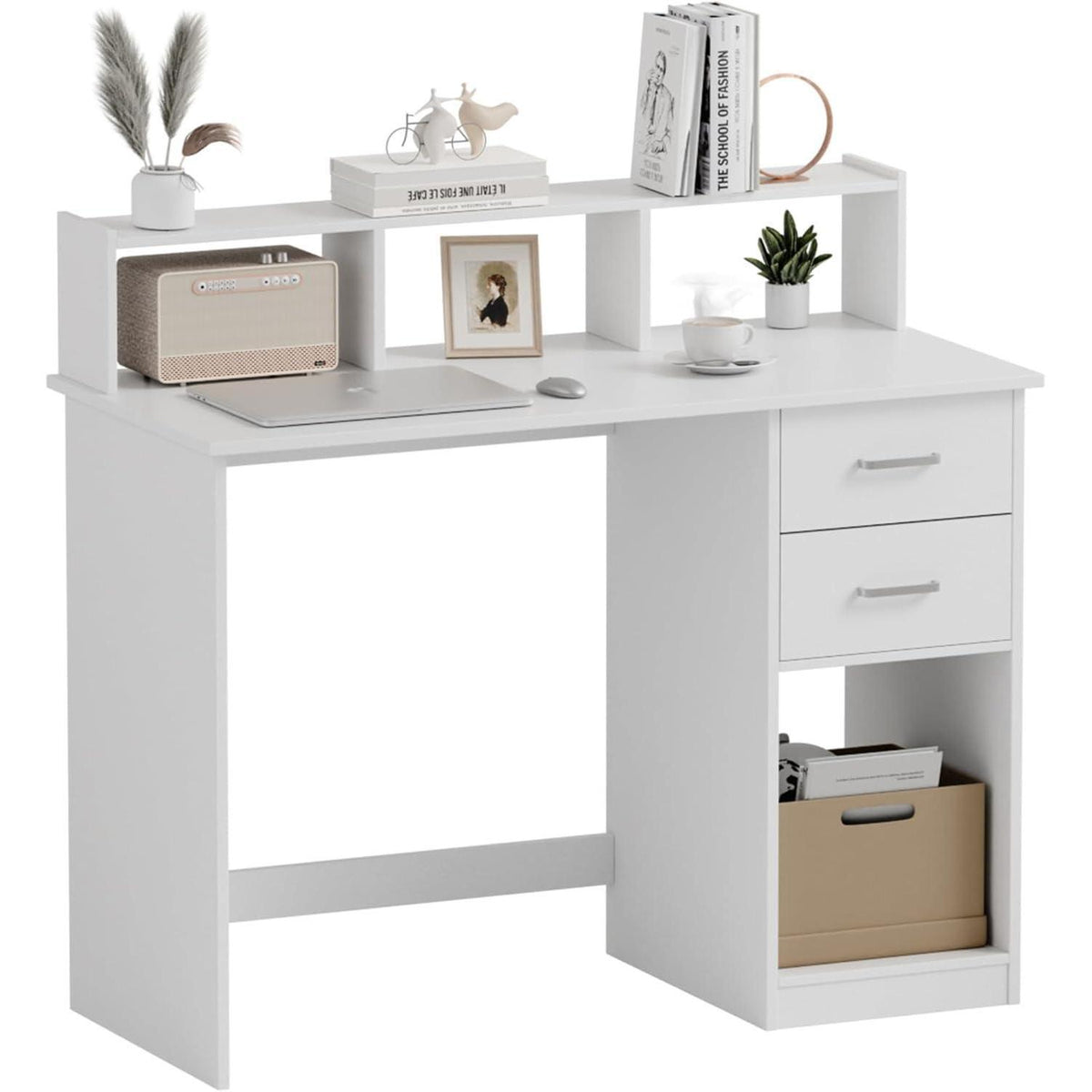 Schreibtisch mit Schubladen und Regal, Weiß, 105x48x94cm