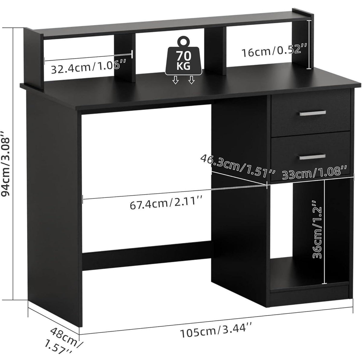 Schreibtisch mit Schubladen und Regal, Schwarz, 105cm