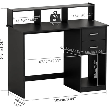 Schreibtisch mit Schubladen und Regal, Schwarz, 105cm