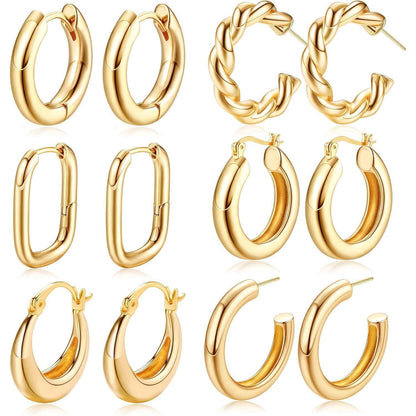 6 Paar Goldene Creolen Ohrringe Set 14K Vergoldet