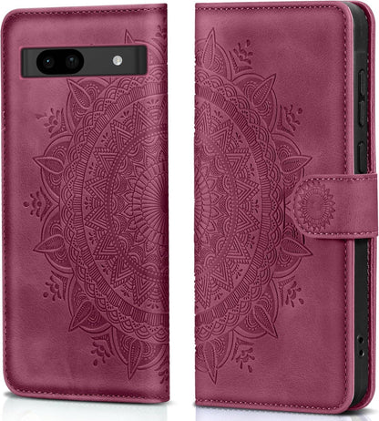 Google Pixel 8A Lederhülle Weinrot Flip Wallet Case Standfunktion & Kartenfach