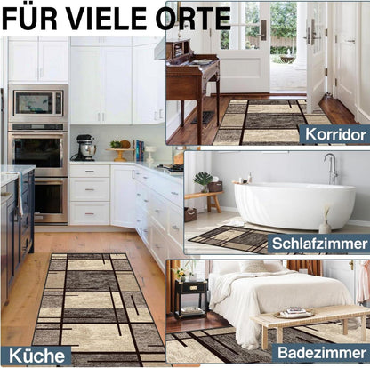 Teppichläufer Flur 60x150cm rutschfest waschbar Beige Kariert