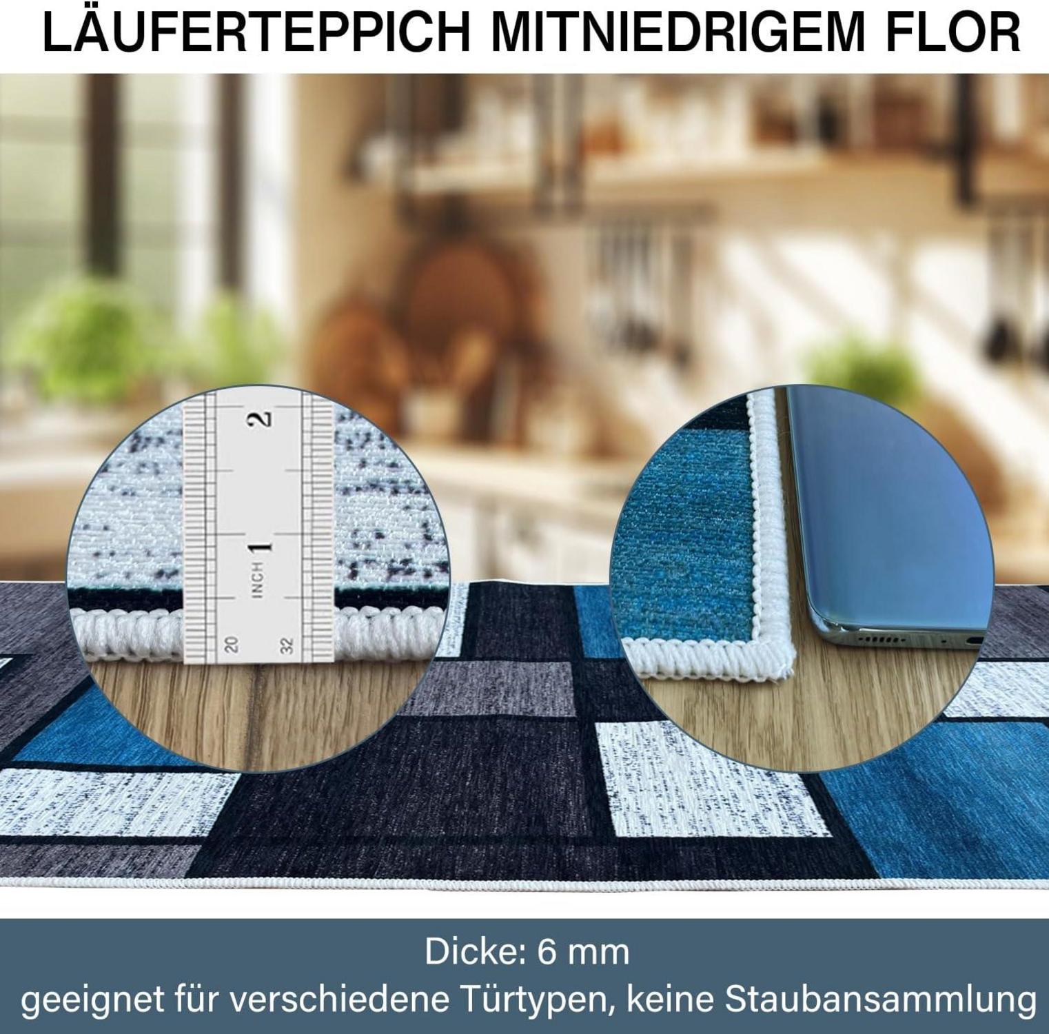 Teppich Läufer Flur rutschfest Waschbar Lang Modern Küchenteppich Blau 60x200cm