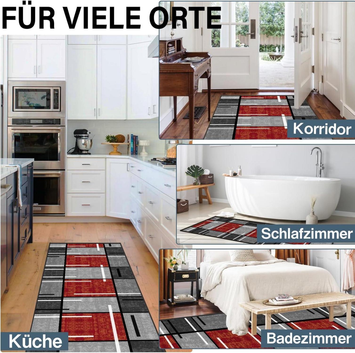 Teppich Läufer 60x150cm Rutschfest Waschbar Modern Geometrie Rot