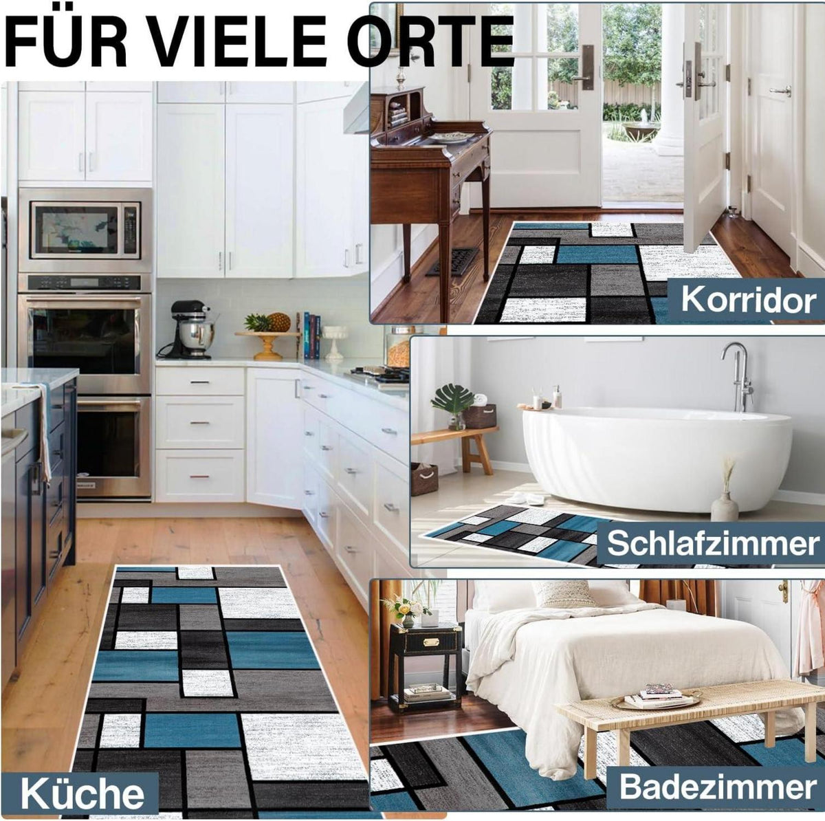 Teppich Läufer Flur 80x150cm Blau Modern Geometrie Waschbar