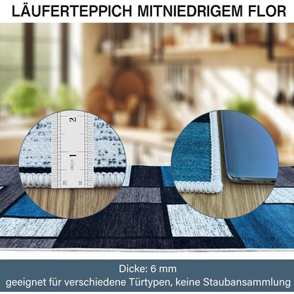 Modernes Blau Kariert Teppichläufer Flur 60x250cm rutschfest
