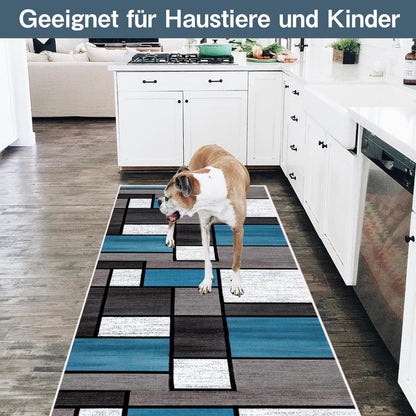 Modernes Blau Kariert Teppichläufer Flur 60x250cm rutschfest