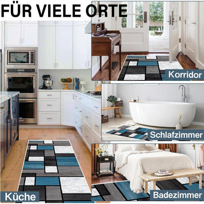 Modernes Blau Kariert Teppichläufer Flur 60x250cm rutschfest