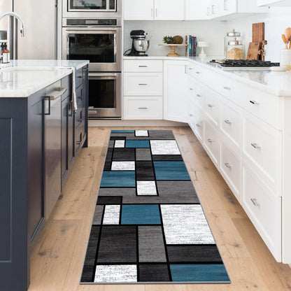 Moderner Teppichläufer Blau Kariert 60x250cm rutschfest waschbar