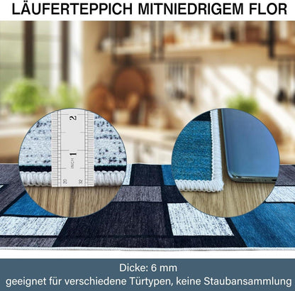 Teppich Läufer Flur 60x250cm Modern Blau Kariert rutschfest waschbar
