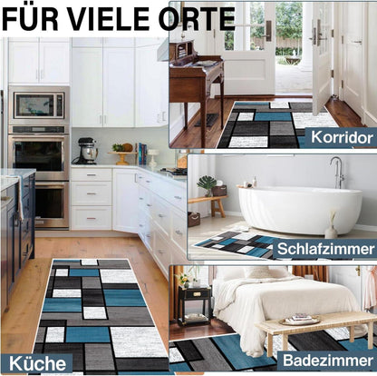 Teppich Läufer Flur rutschfest 60x250cm Blau Waschbar Modern