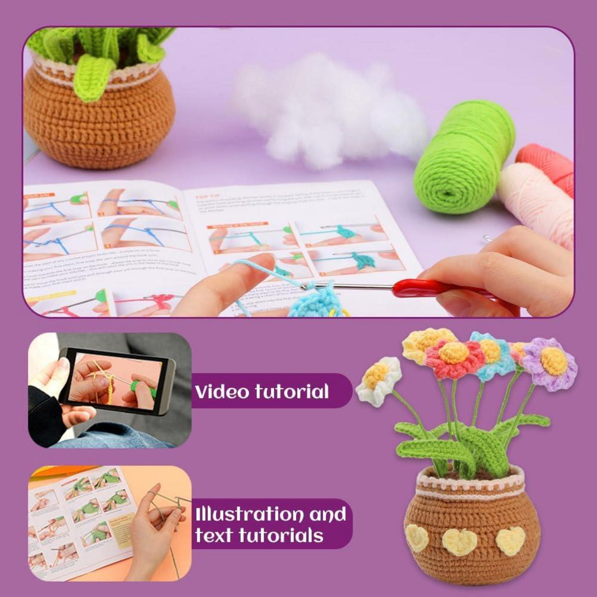 DIY Häkelset für Anfänger - Gehäkelte Blumen Topfverzierung - Geschenk für Frauen