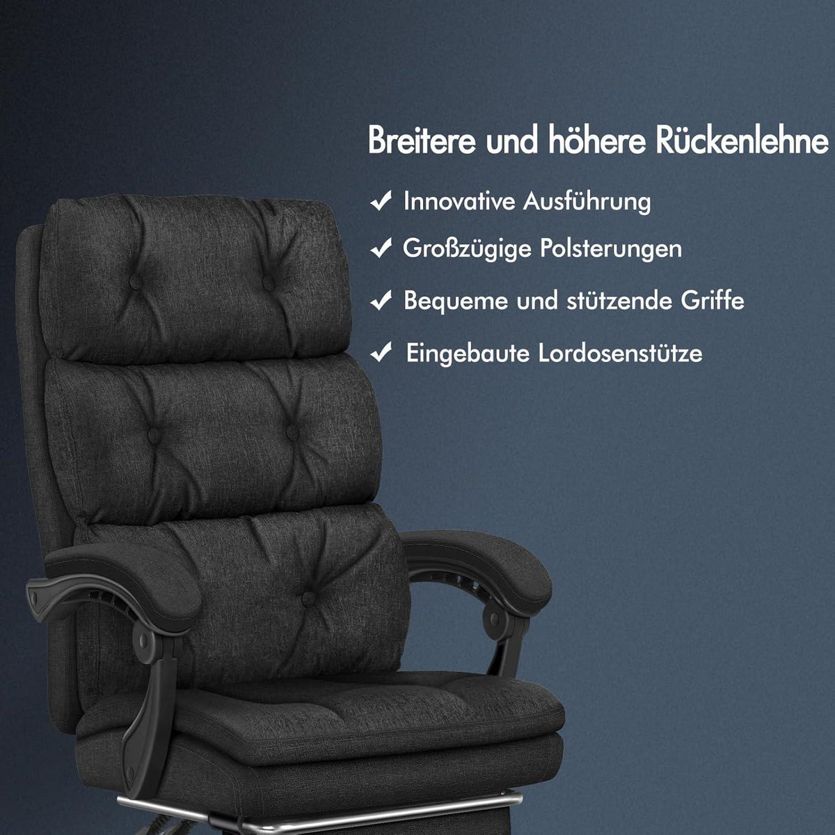Bürostuhl mit Doppellagigem Kissen, 150°-Liege, Schwarz PU-Leder
