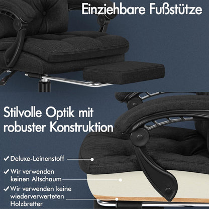 Bürostuhl mit Doppellagigem Kissen, Computer-Schreibtischstuhl, Hoher Rückenlehne, Schreibtischstuhl mit Fußstützen-Armlehnen, Schwarz
