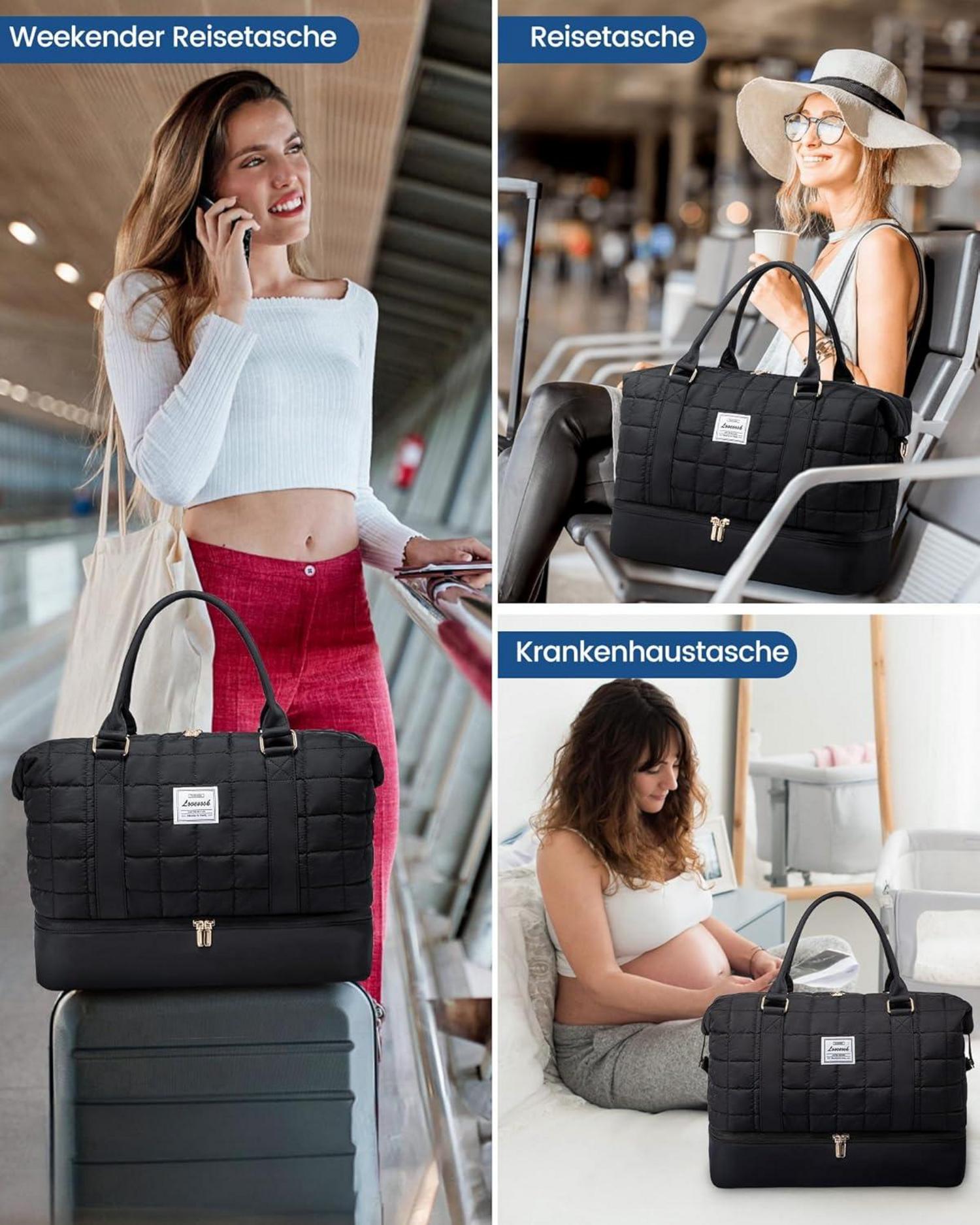 Leichte Reisetasche Damen mit Schuhfach & Nassfach, Schwarz