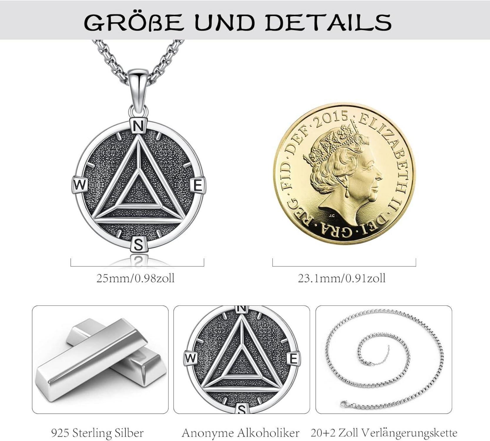 Anonyme Alkoholiker Halskette 925 Sterling Silber AA Anhänger Kompass Männer