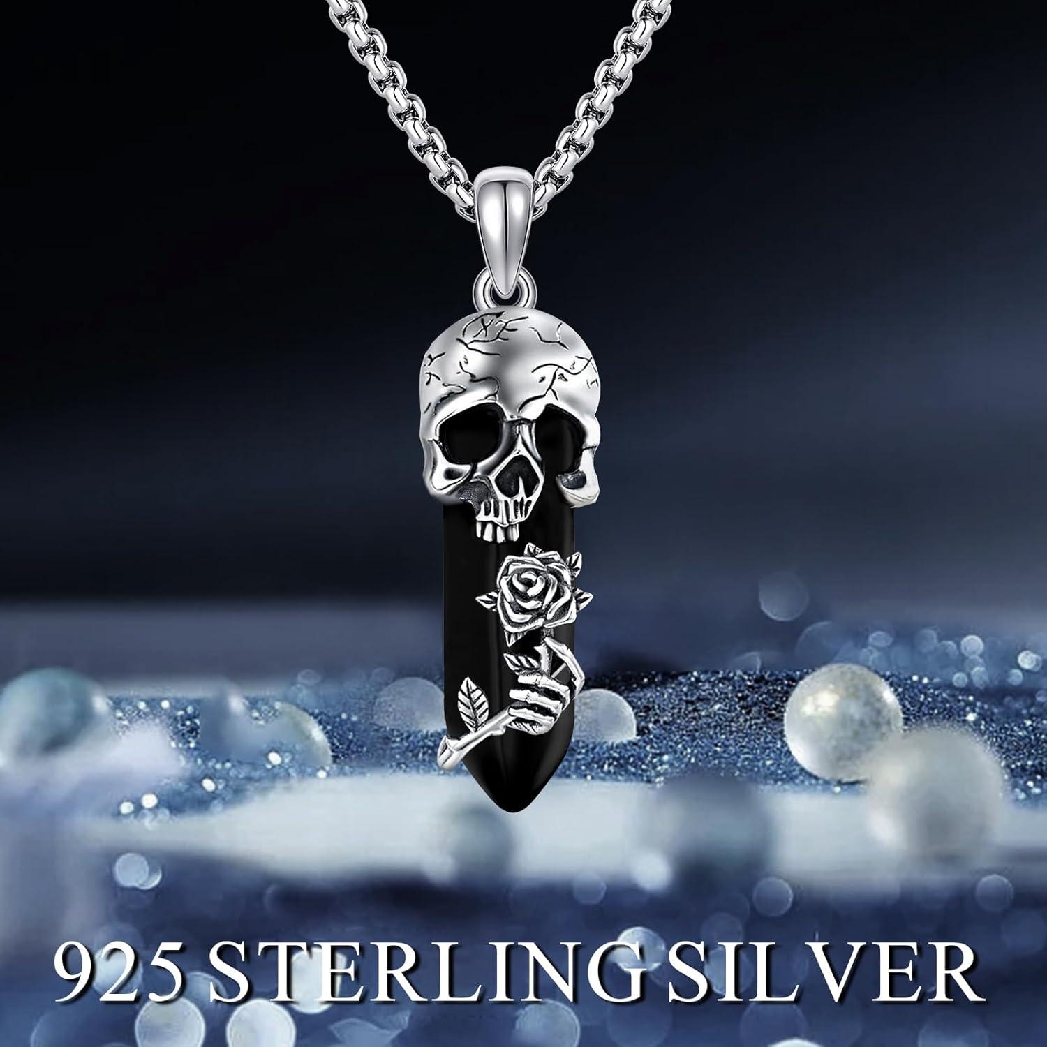 Totenkopf Kette 925 Sterling Silber Schädel Halskette Rose Kristall