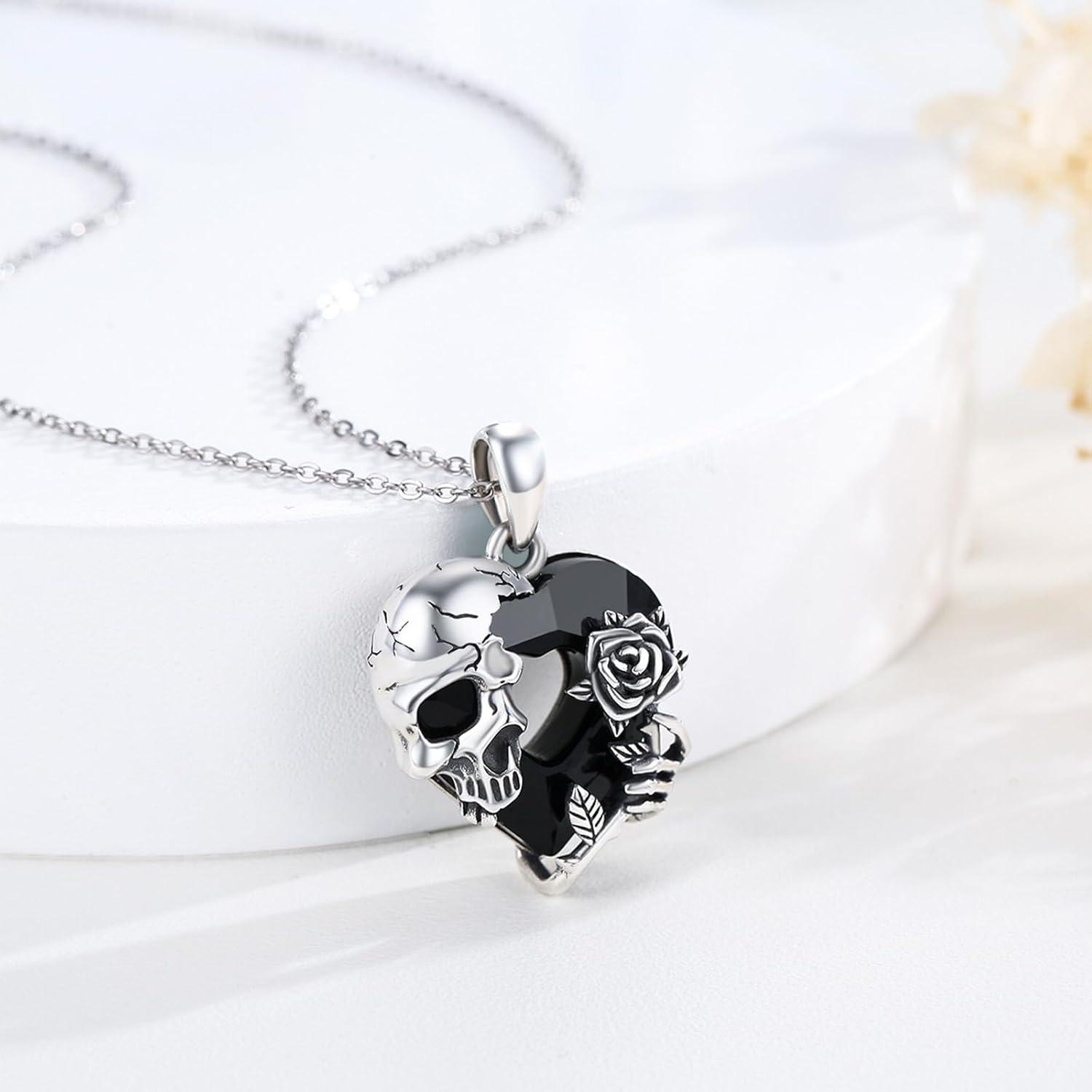 Totenkopf Kette Schwarzer Kristall Rosenblume 925 Silber
