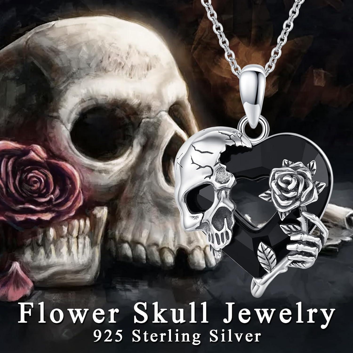 Totenkopf Kette 925er Silber Schwarzer Kristall Gothic Halskette