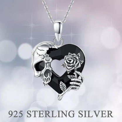Schwarze Herz Totenkopf Kette 925 Sterling Silber Gothic Anhänger Kristall