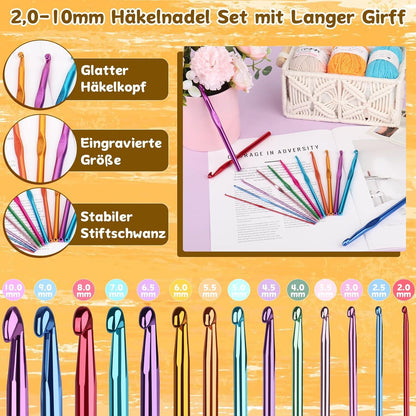 Häkelset für Anfänger mit Tasche, 15 Farben Wolle & Anleitung