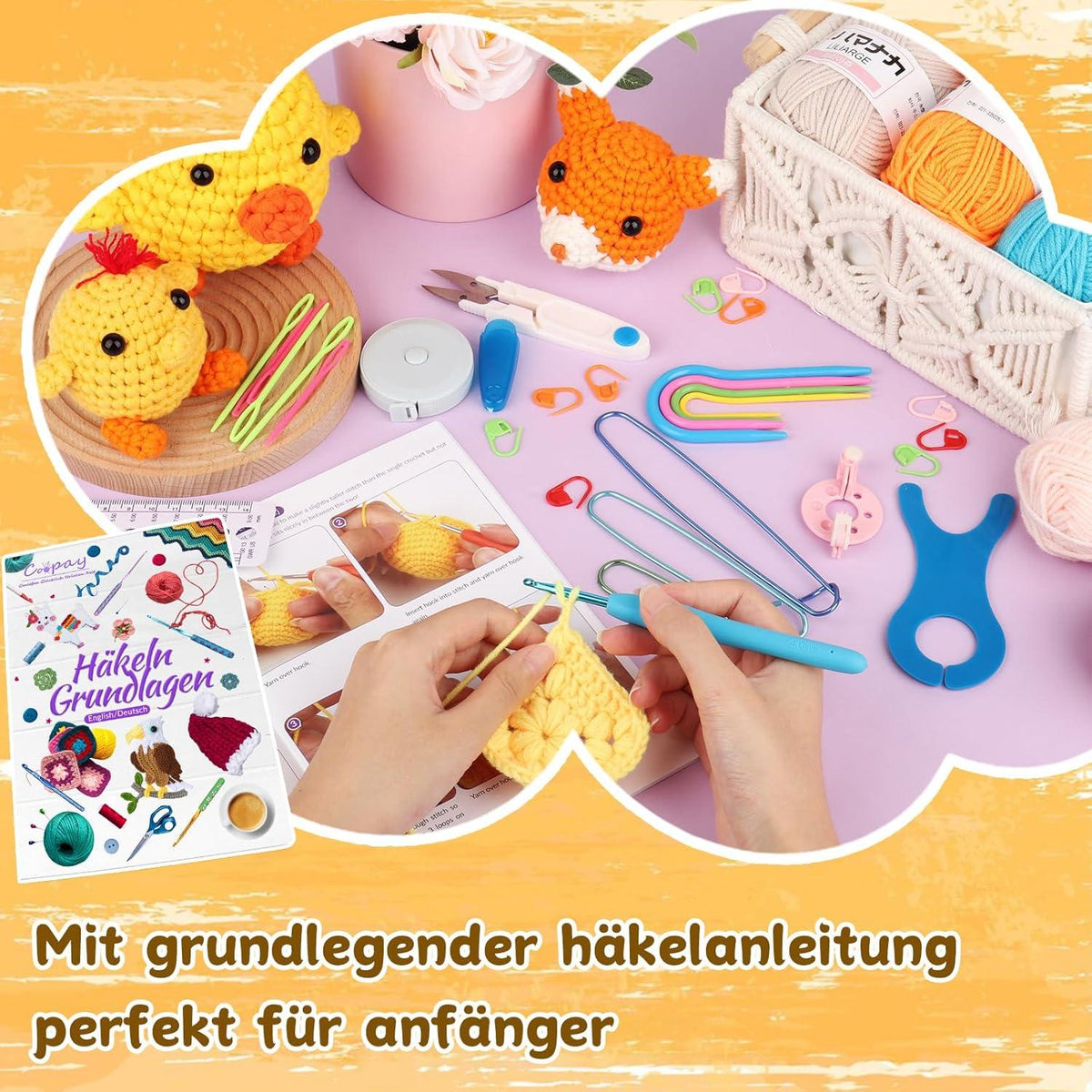 Komplettes Häkelset für Anfänger, 15 Farben Wolle, Anleitung & Tasche