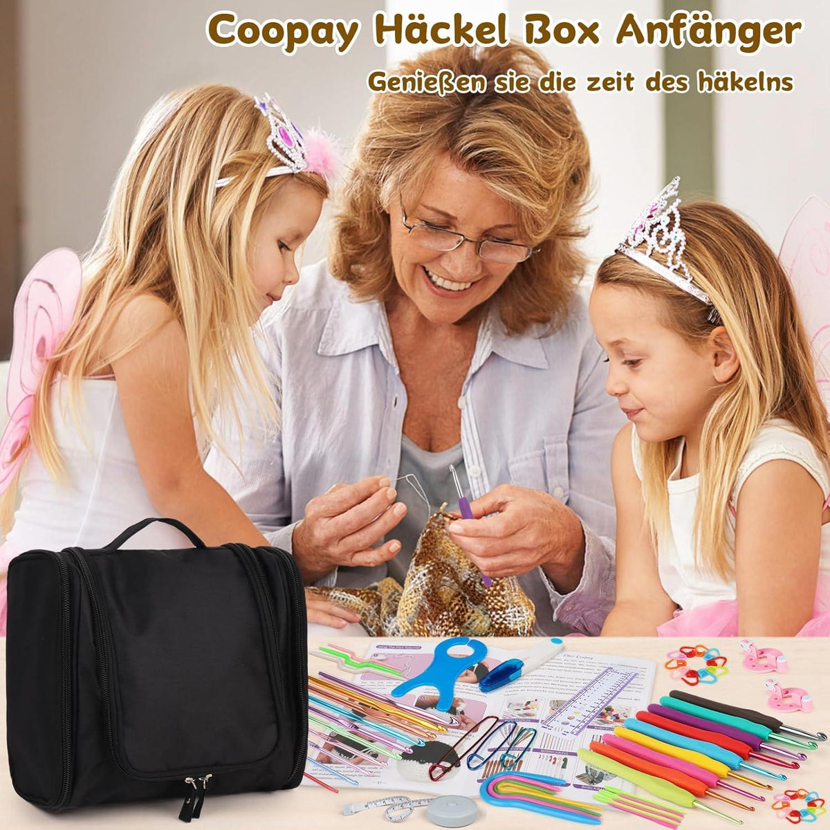 Komplettes Häkelset für Anfänger, 15 Farben Wolle, Anleitung & Tasche