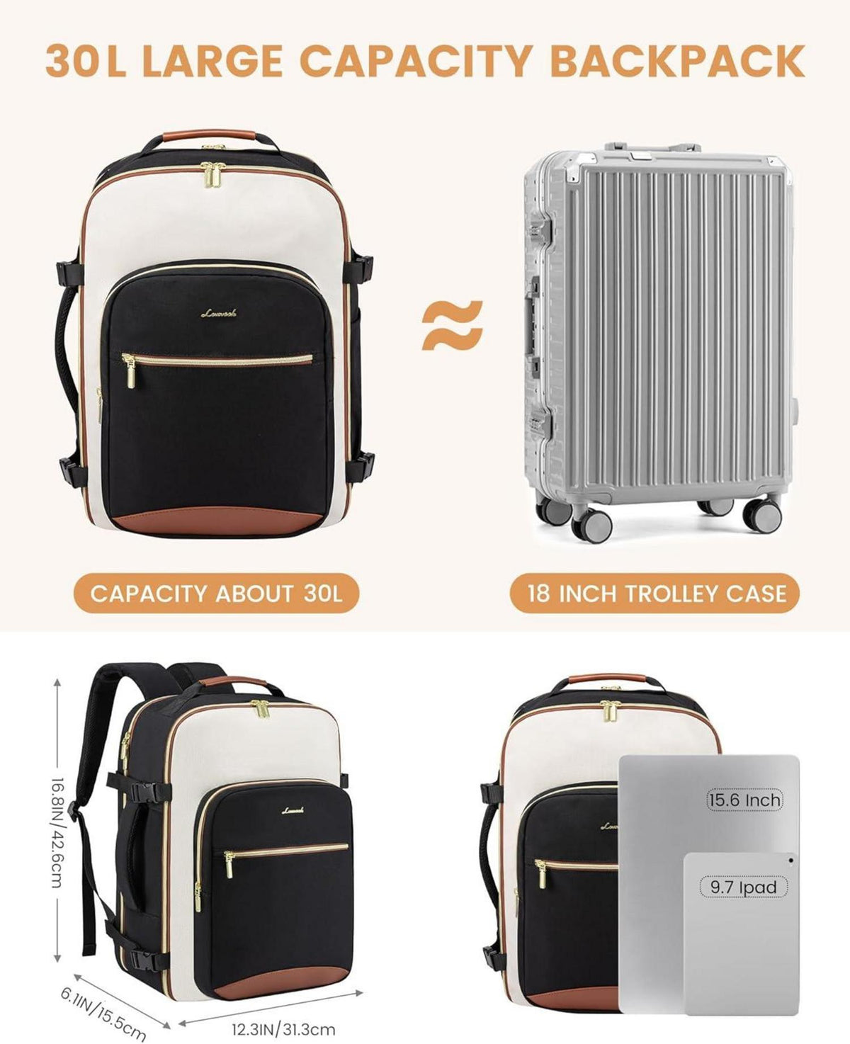 Handgepäck Rucksack 30L Laptop Damen Herren Wasserdicht