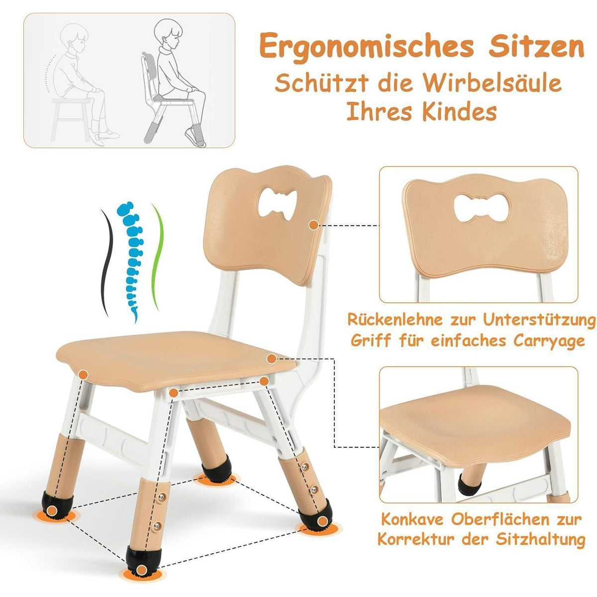 Kindertisch mit 6 Stühlen, höhenverstellbar, gelb
