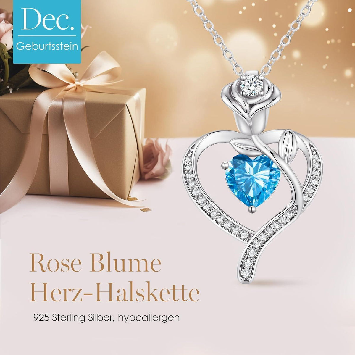 Herz Halskette Damen Rosegold Sterling Silber 925 mit Geburtsstein