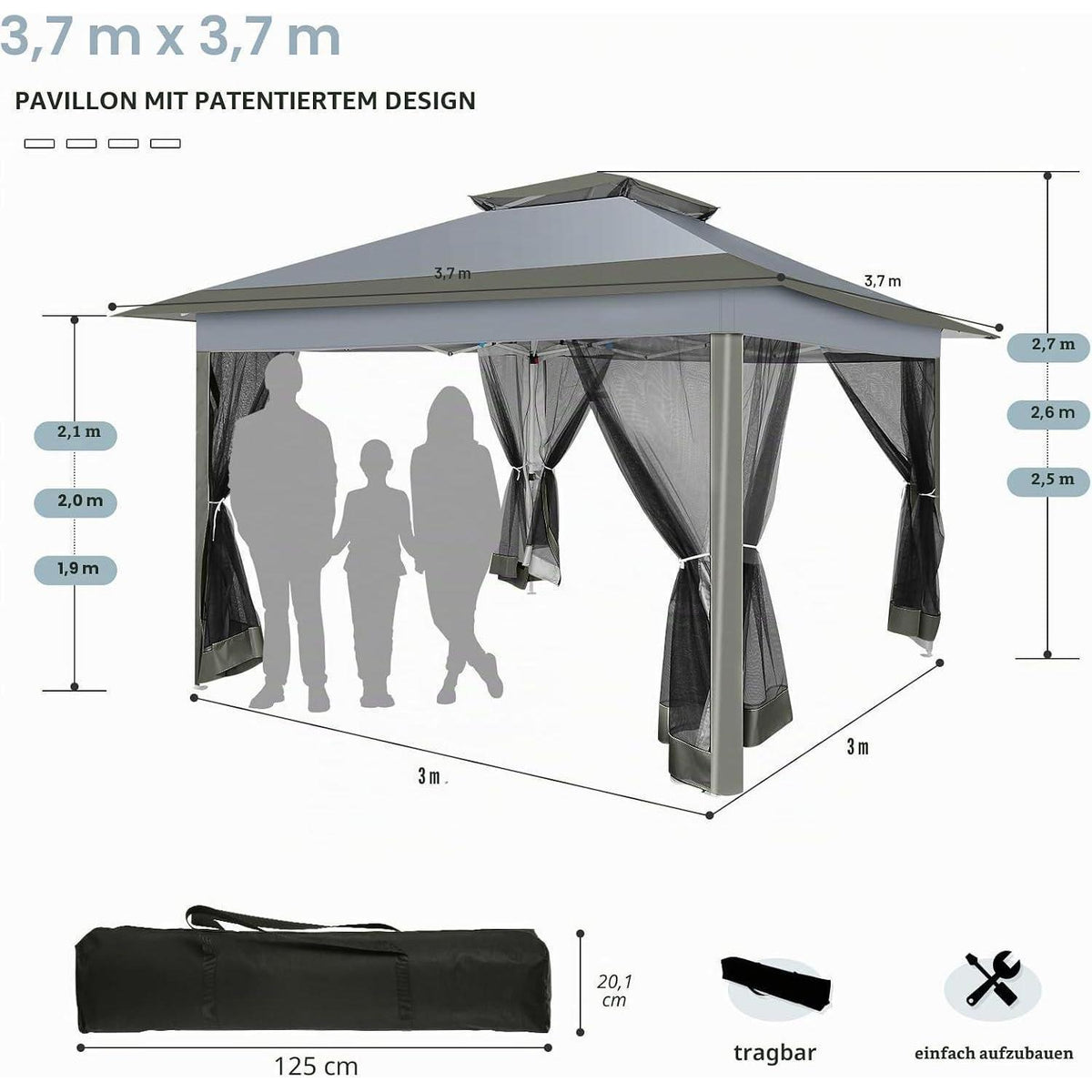 3x3m Pavillon wasserdicht mit Moskitonetz & Sandsäcken